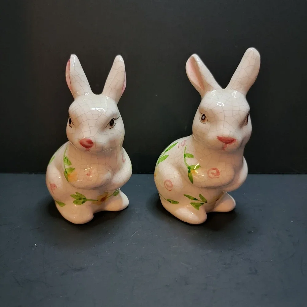 Cottage Or French Country Crawuelure Pottery Rabbit Pink Flowers Set Of 2